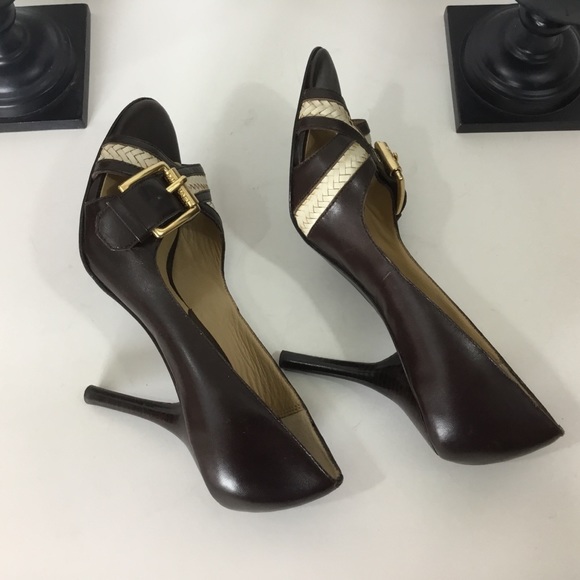 Michael Kors Brown Leather Peep Toe Heels, 7 1/2M - Picture 4 of 6
